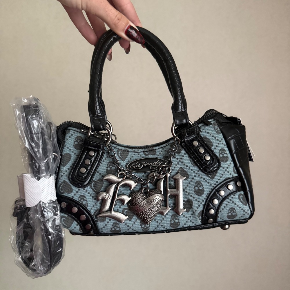 Ed Hardy Mini Satchel Bag Blue Jean Skull Heart Crossbody Y2K Shoulder Purse NWT